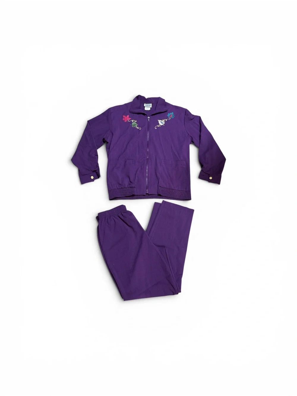 Vintage 80s Nikki Purple Embroidered Leaf Crinkle 2 Piece Pant Set Womens Medium